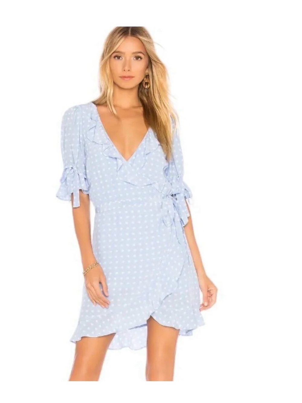 For Love & Lemons Light Blue Polka Dot Wrap Mini Dress